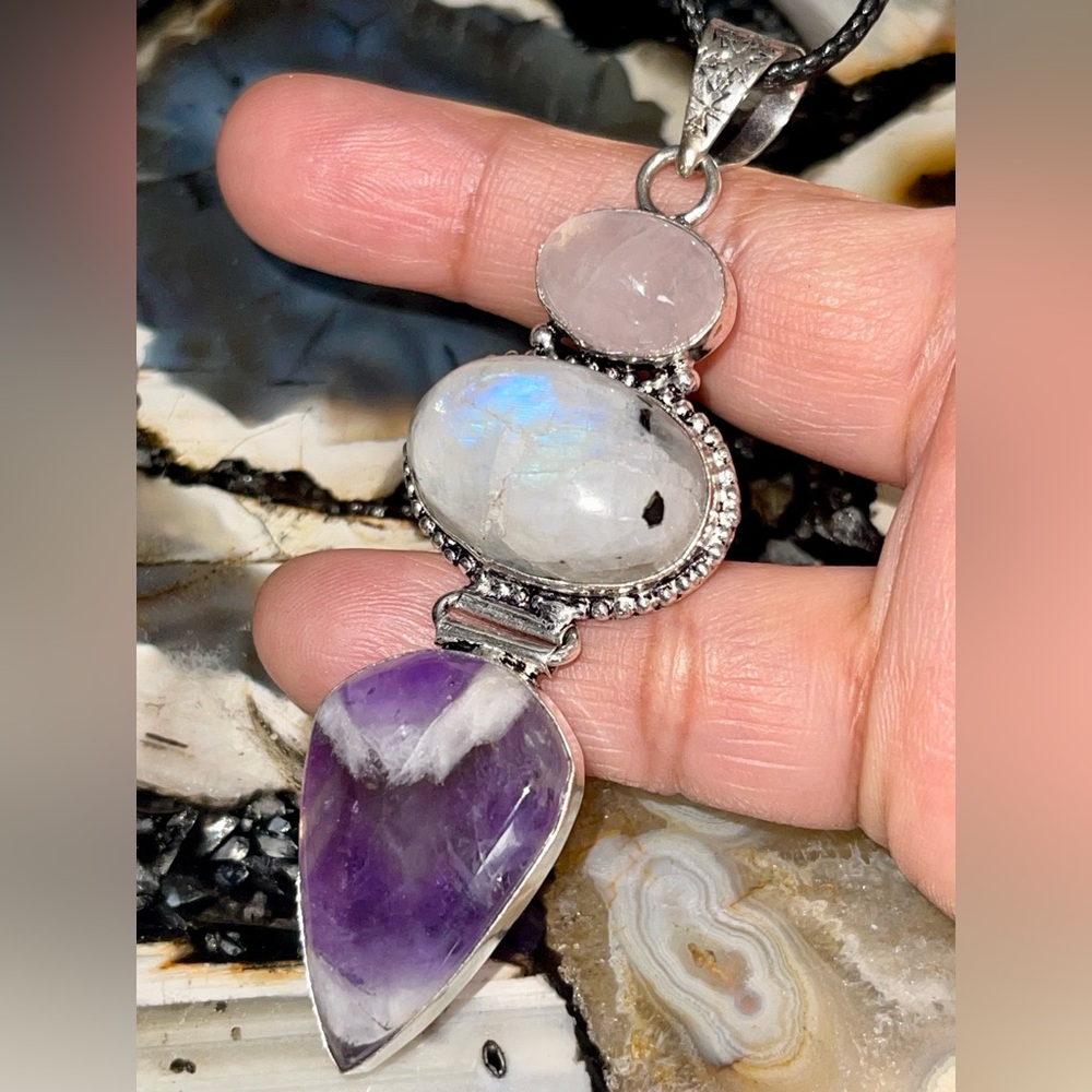 ❌SALE Crack Moonstone ❌ Rose Quartz, Amethyst Crystal Pendant 3 1/4” - Picture 11 of 17